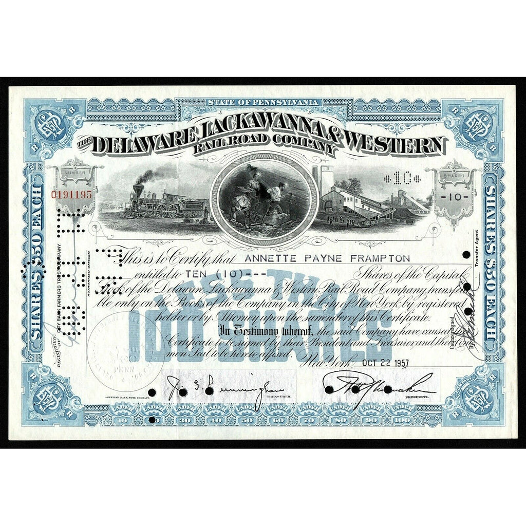The Delaware, Lackawanna & Western Rail Road Company Pennsylvania Stock Certificate