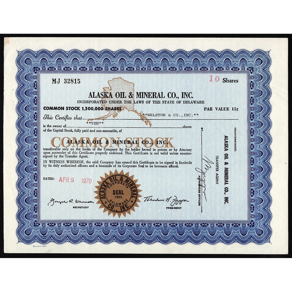 Alaska Oil & Mineral Co., Inc. Stock Certificate