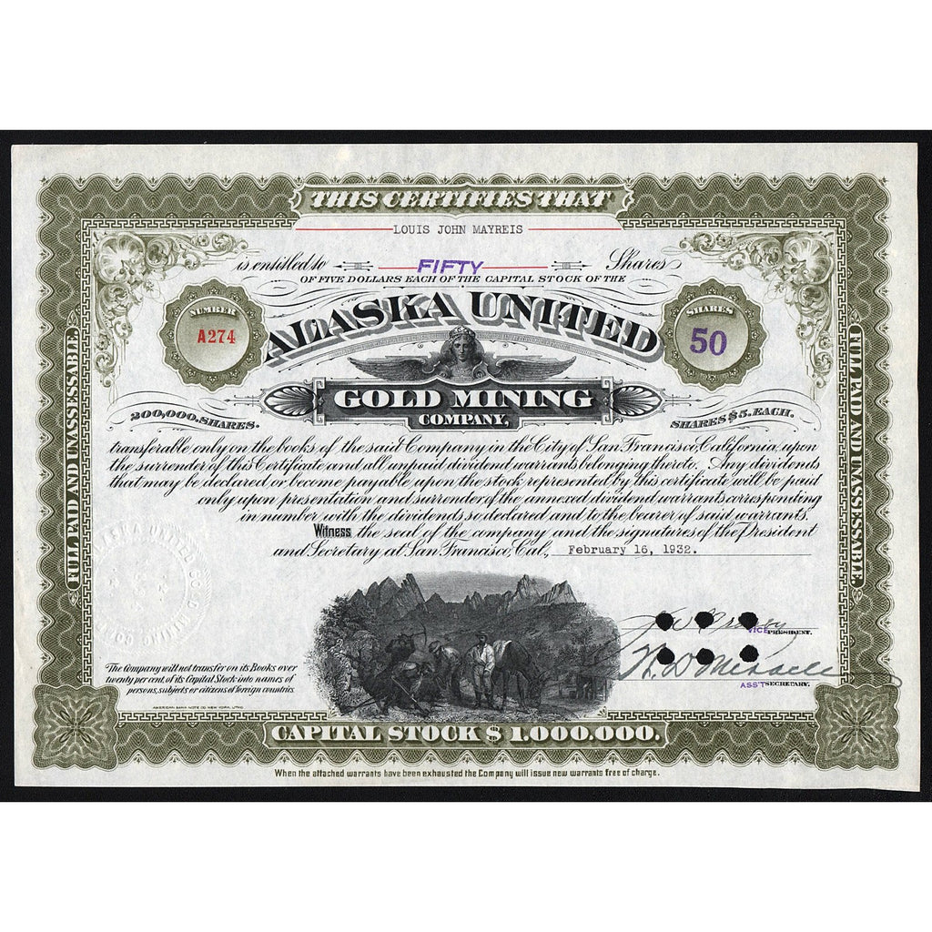 Alaska United Gold Mining Company California Stock Certificate