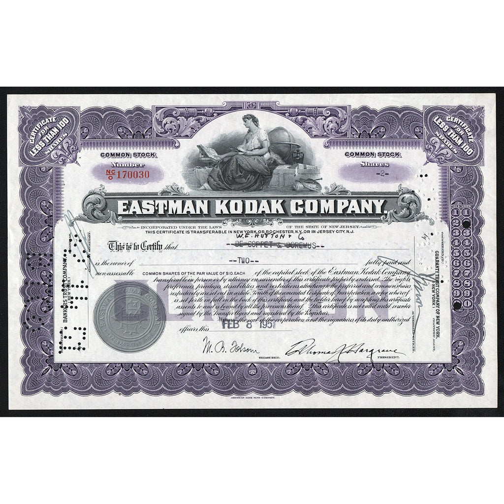 Eastman Kodak Company 1951 New Jersey Stock Certificate