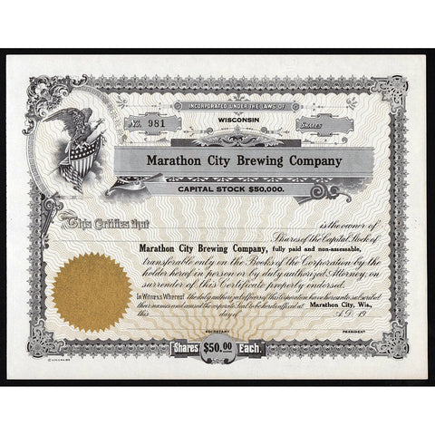 Marathon City Brewing Company Wisconsin Stock Certificate