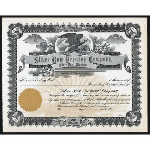Silver Bow Brewing Company (Silver Bow, Montana) Stock Certificate