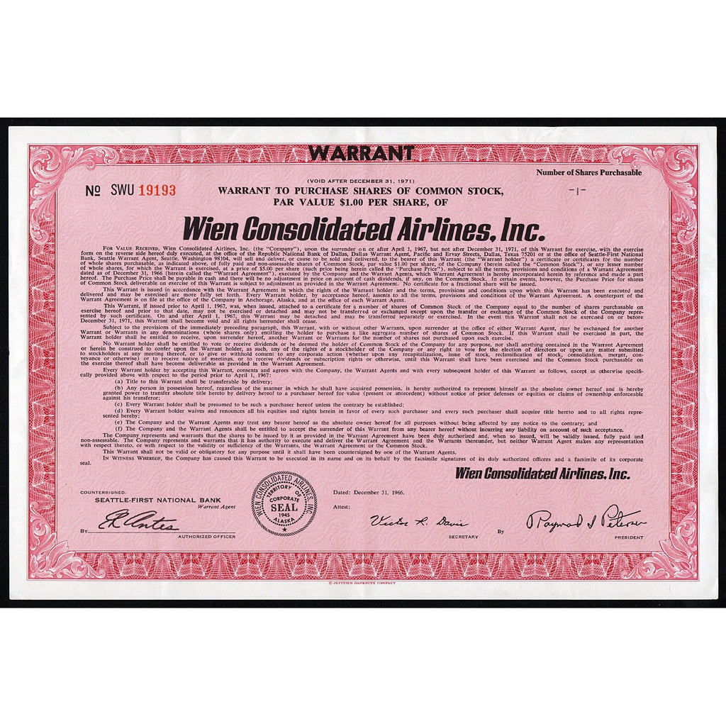 Wien Consolidated Airlines, Inc Alaska Stock Certificate