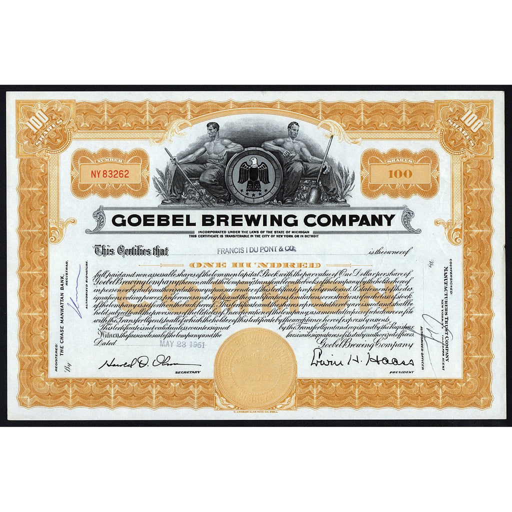 Goebel Brewing Company Beer Michigan Stock Certificate