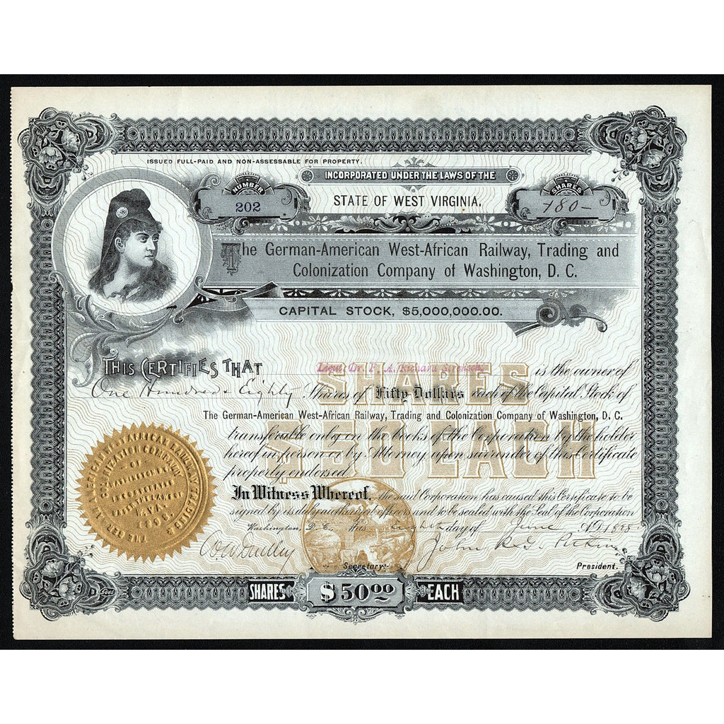 The German-American West-African Railway, Trading and Colonization Company of Washington, D.C. 1898 Stock Certificate