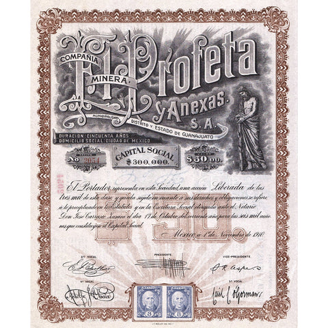 Compania Minera El Profeta Y Anexas 1910 Mexico Stock Certificate