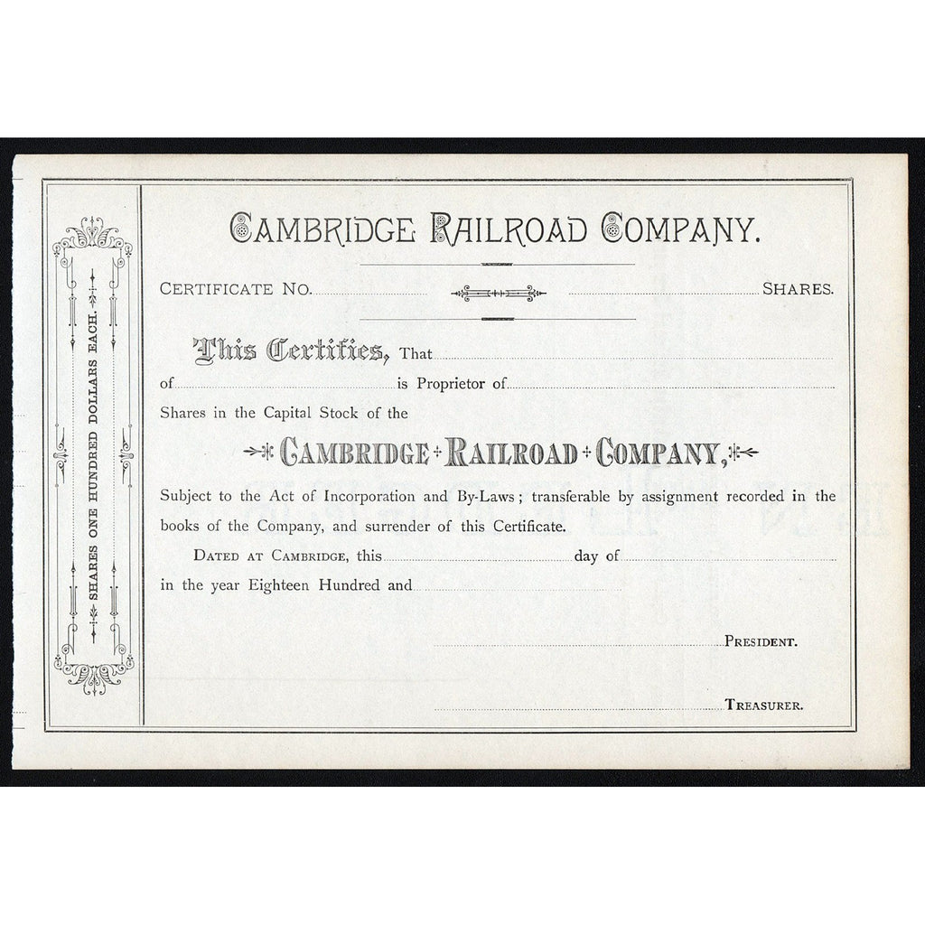 Cambridge Railroad Company Massachusetts Stock Certificate