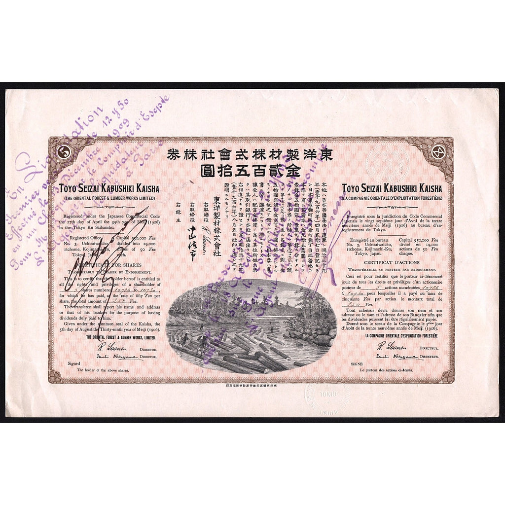 Toya Seizai Kabushiki Kaisha 1906 Japan Forestry Stock Certificate