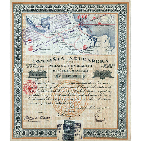 Compania Azucarera de Paraiso Novillero S.A. 1924 Mexico Stock Certificate