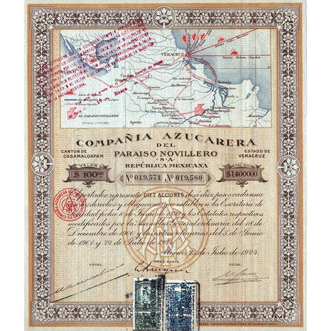 Compania Azucarera de Paraiso Novillero S.A. 1924 Mexico Stock Certificate