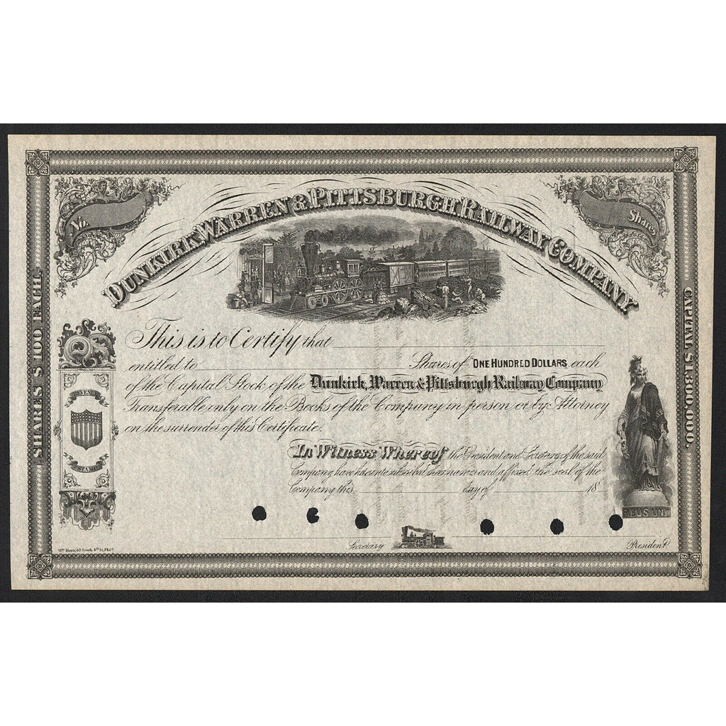 Dunkirk, Warren & Pittsburgh Railway Company Stock Certificate