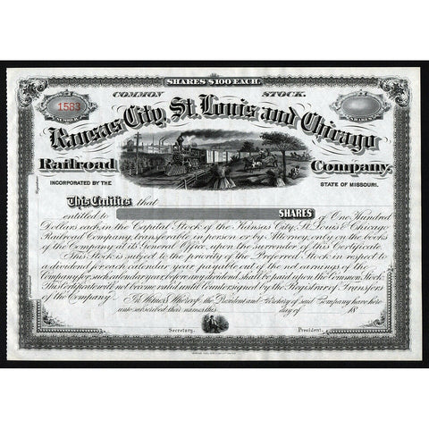 Kansas City, St. Louis and Chicago Railroad Company Stock Certificate