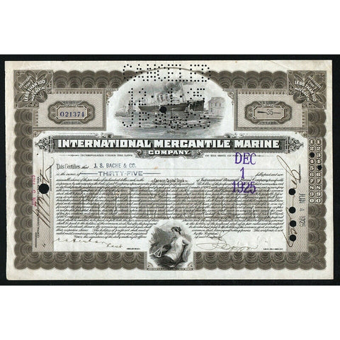 International Mercantile Marine Company (Titanic) 1925 New Jersey Stock Certificate