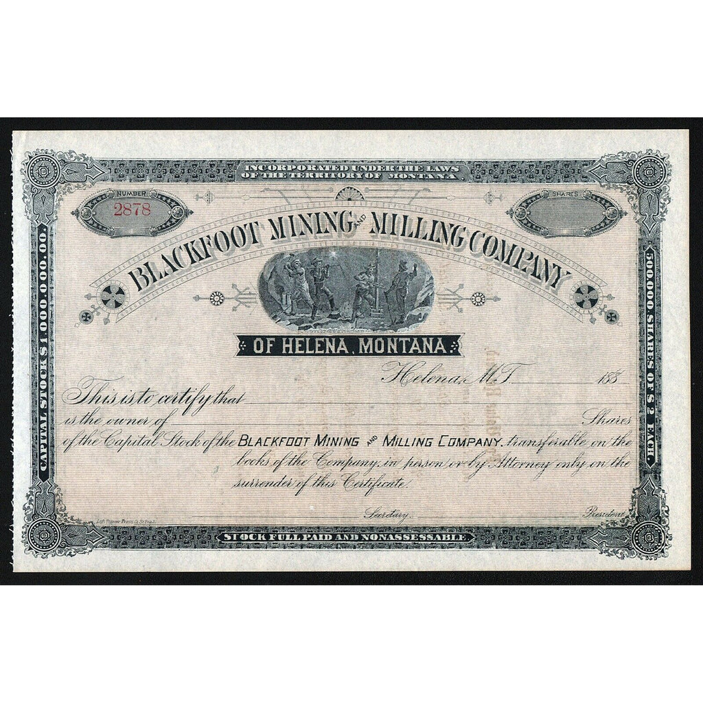 Blackfoot Mining and Milling Company of Helena, Montana Stock Certificate