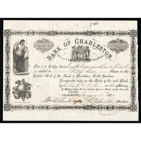 Bank of Charleston 1873 South Carolina Stock Certificate