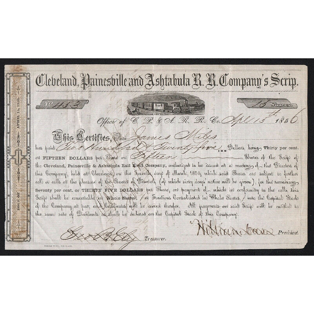 Cleveland, Painesville and Ashtabula R. R. Company’s Scrip 1856 Stock Certificate