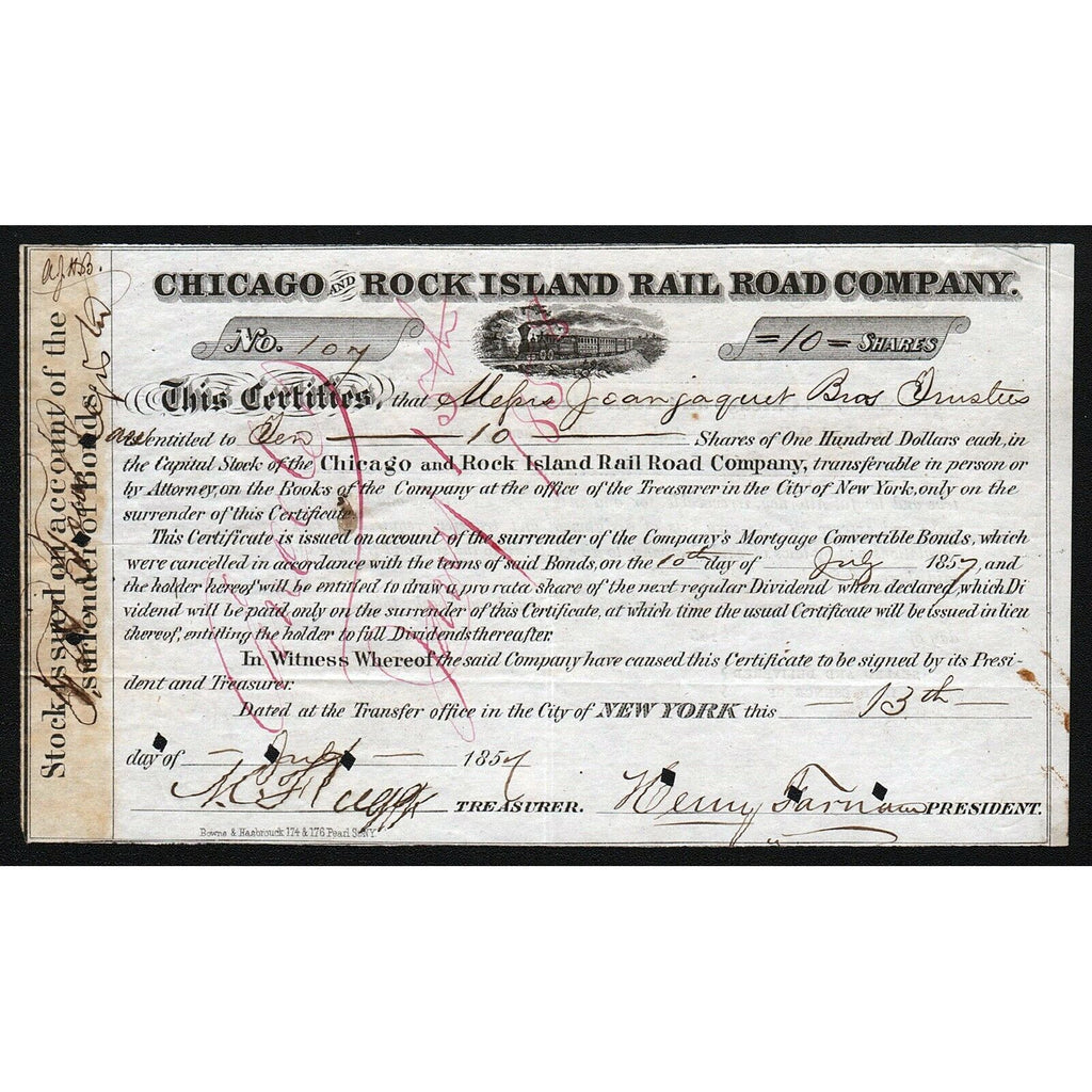 Chicago and Rock Island Rail Road Company 1857 Stock Certificate