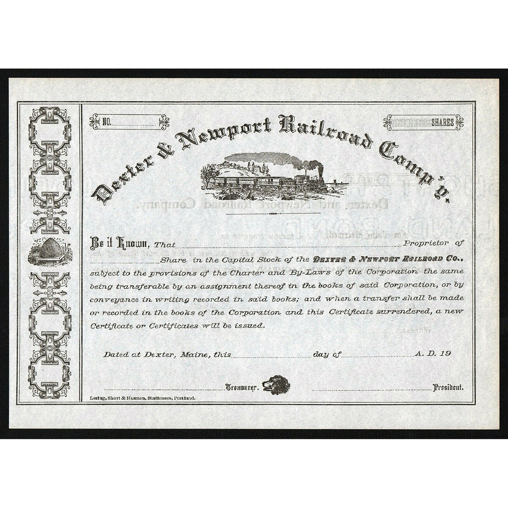 Dexter & Newport Railroad Company Maine Stock Certificate