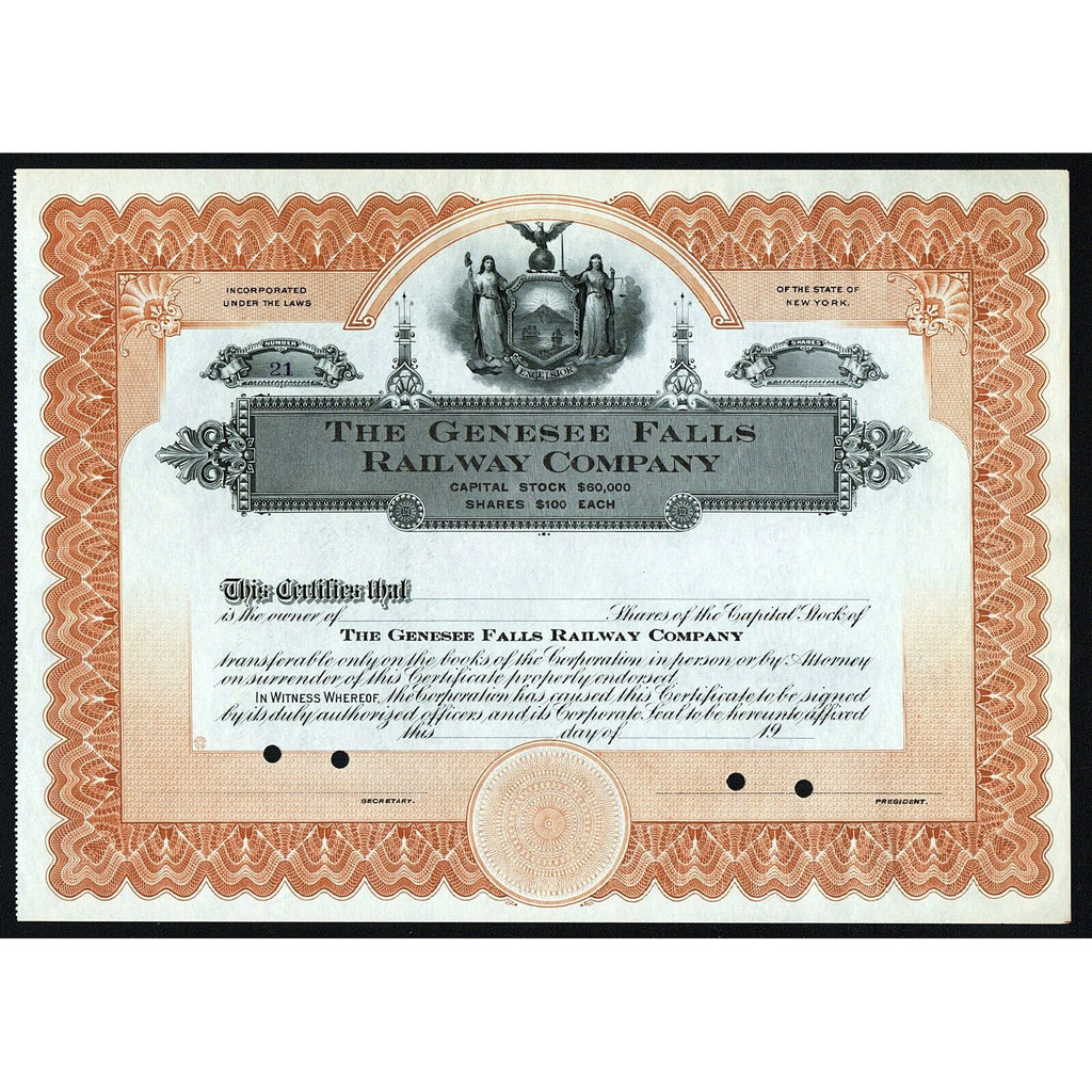 The Genesee Falls Railway Company New York Stock Certificate