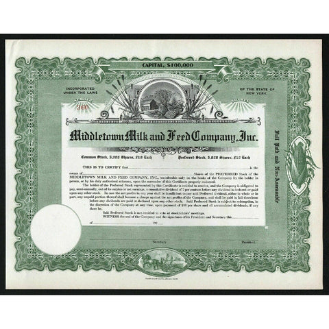 Middletown Milk and Feed Company, Inc. New York Stock Certificate