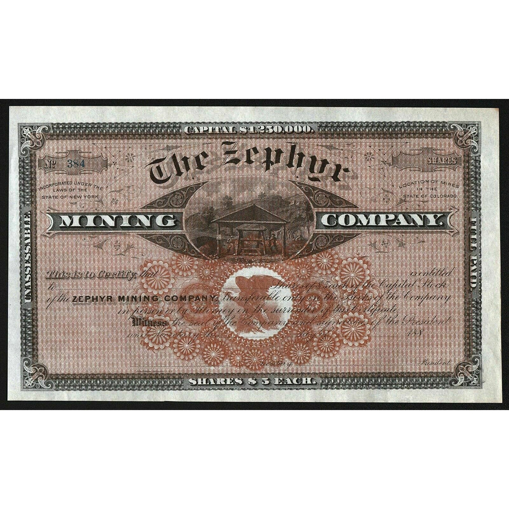 The Zephyr Mining Company Colorado Stock Certificate