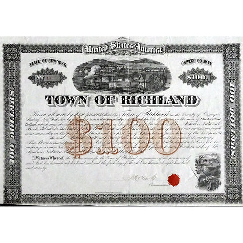 Town of Richland, Oswego County, New York 1868 Bond Certificate
