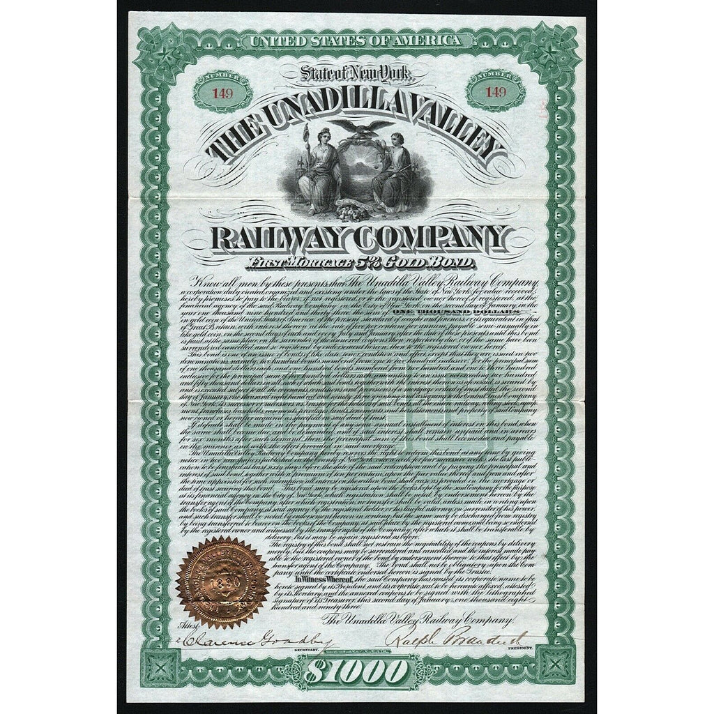 The Unadilla Valley Railway Company 1893 New York Bond Certificate