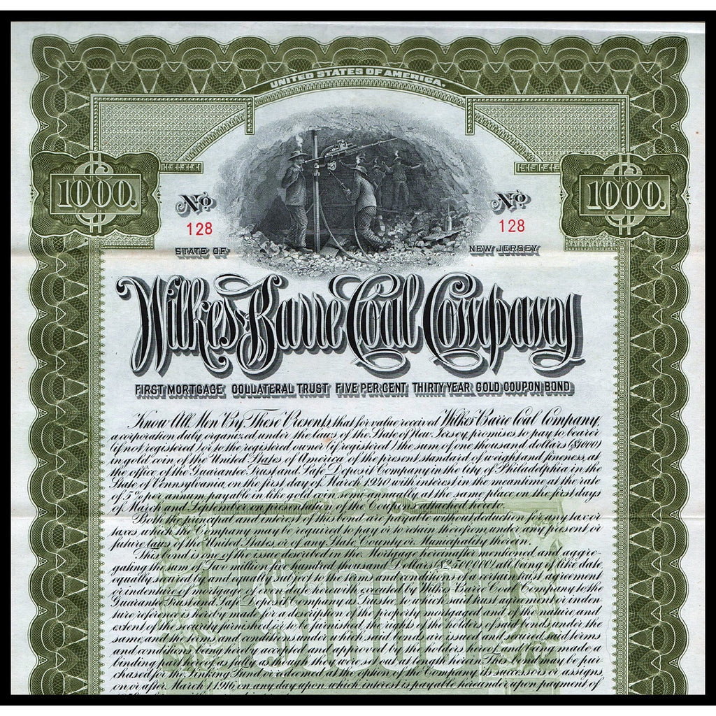 Wilkes-Barre Coal Company 1910 New Jersey Gold Bond Certificate
