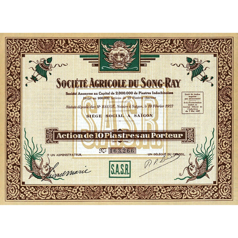 Societe Agricole du Song-Ray 1927 Indochina Stock Certificate