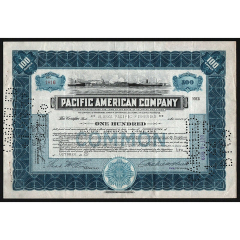 Pacific American Company 1929 Salman Fishing Stock Certificate