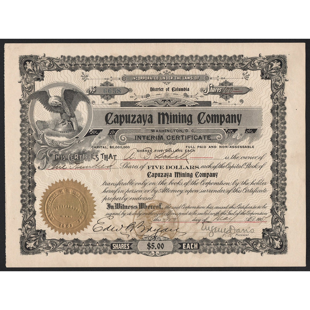 Capuzaya Mining Company 1907 District of Columia Stock Certificate