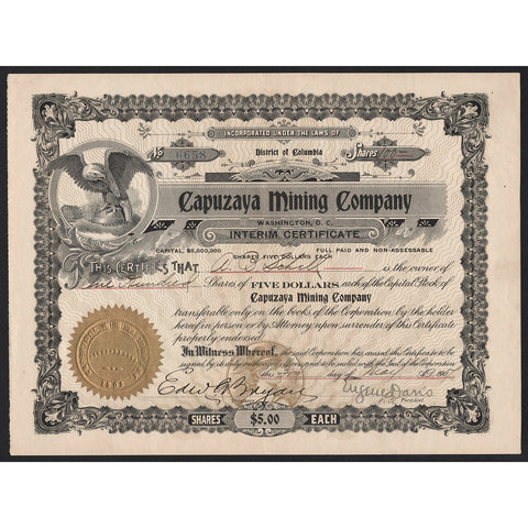Capuzaya Mining Company 1907 District of Columia Stock Certificate