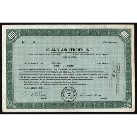Island Air Ferries, Inc. New York Stock Certificate