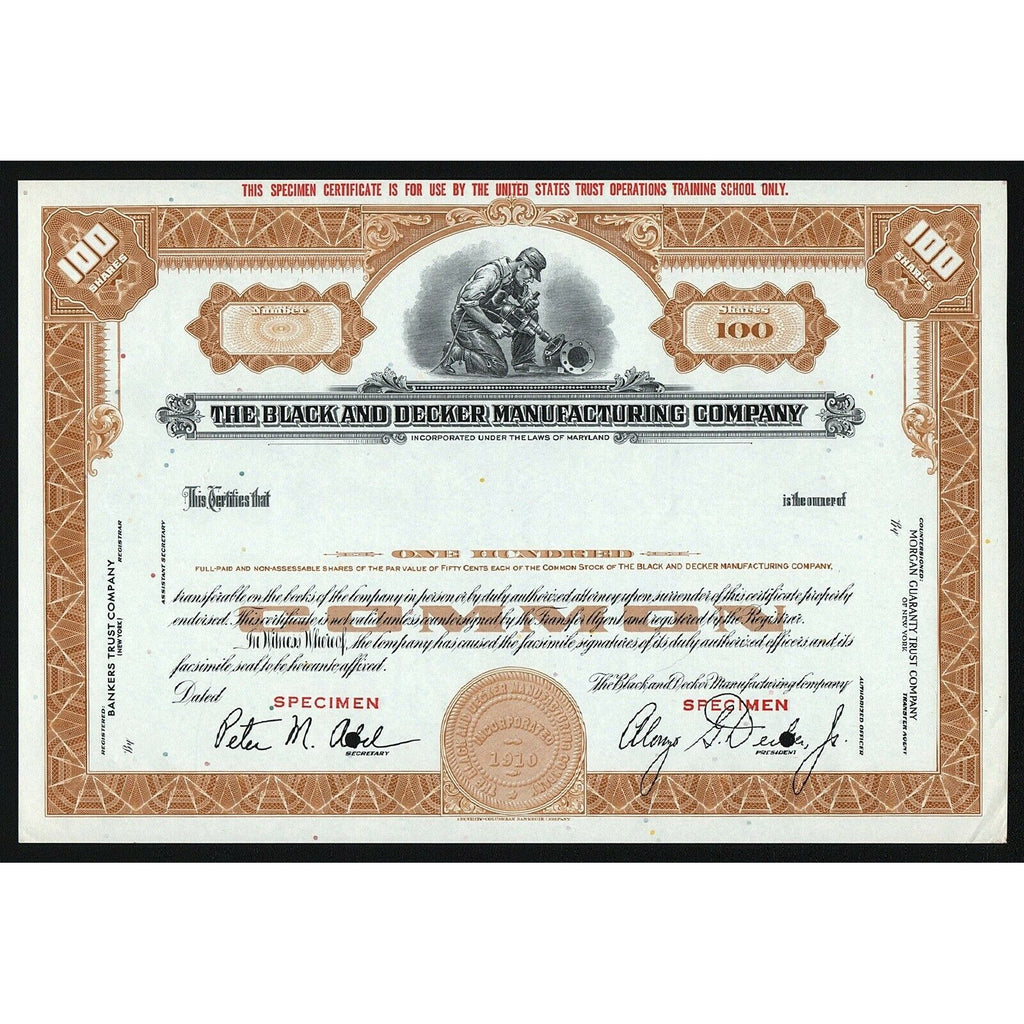 The Black and Decker Manufacturing Company Stock Certificate Specimen Stanley