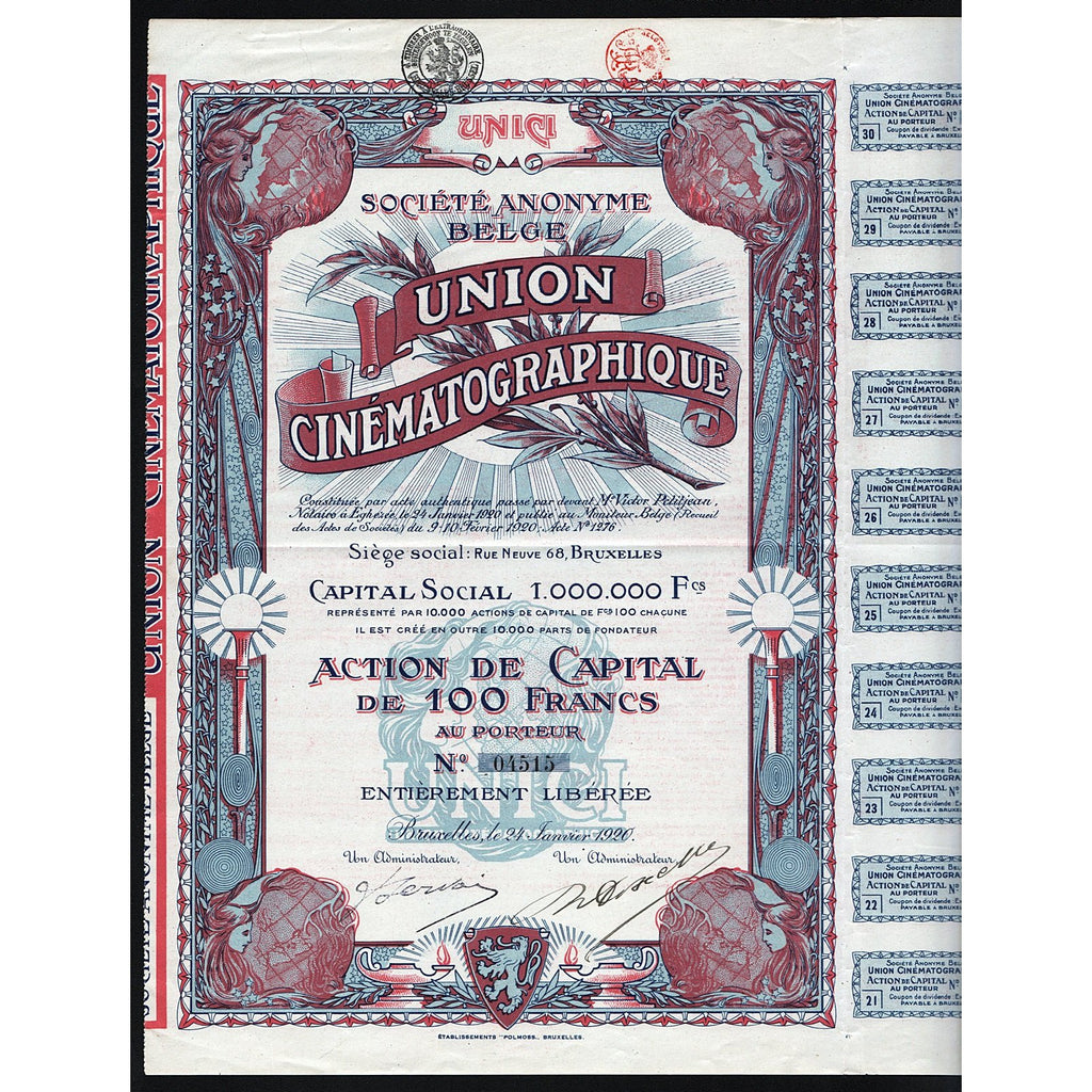 Societe Anonyme Belge Union Cinematographique 1920 Belgium Stock Certificate
