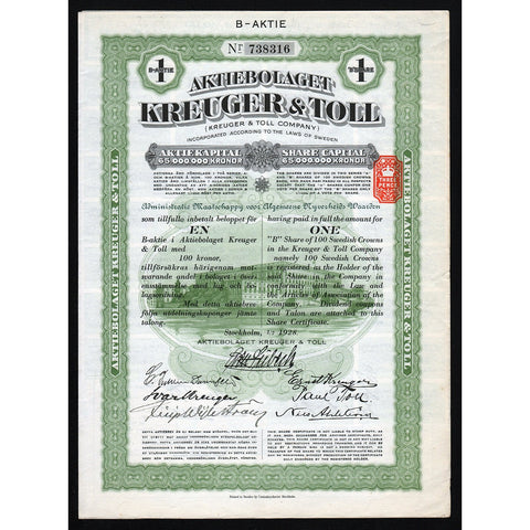 Aktiebolaget Kreuger & Toll 1928 Sweden Stock Certificate