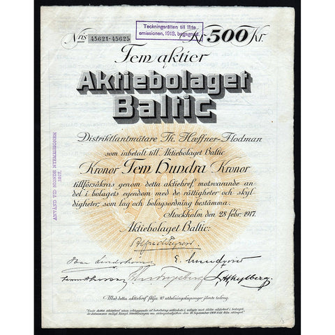 Aktiebolaget Baltic 1927 Sweden Stock Bond Certificate