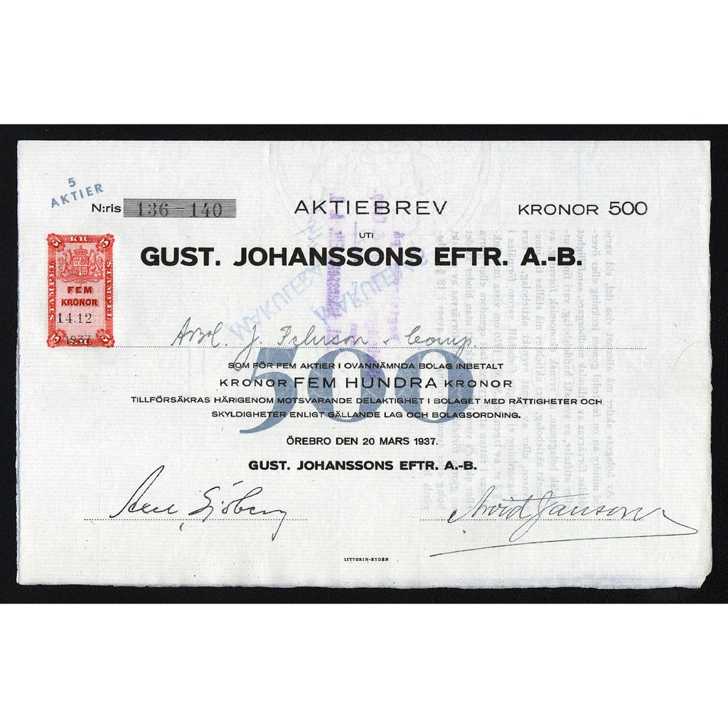 Gust. Johanssons Eftr. A.-B. 1937 Örebro Sweden Stock Certificate