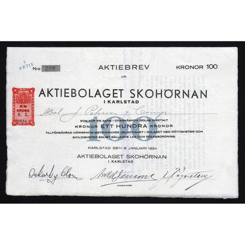Aktiebolaget Skohörnan i Karstad 1934 Sweden Stock Certificate