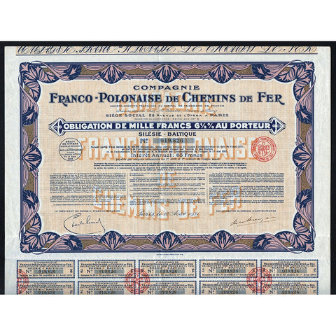 Compagnie Franco-Polonaise de Chemins de Fer 1931 France Poland Stock Certificate