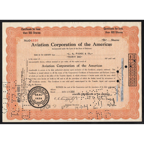 Aviation Corporation of the Americas PanAm 1930 Stock Certificate