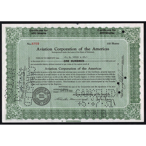 Aviation Corporation of the Americas PanAm 1931 Stock Certificate