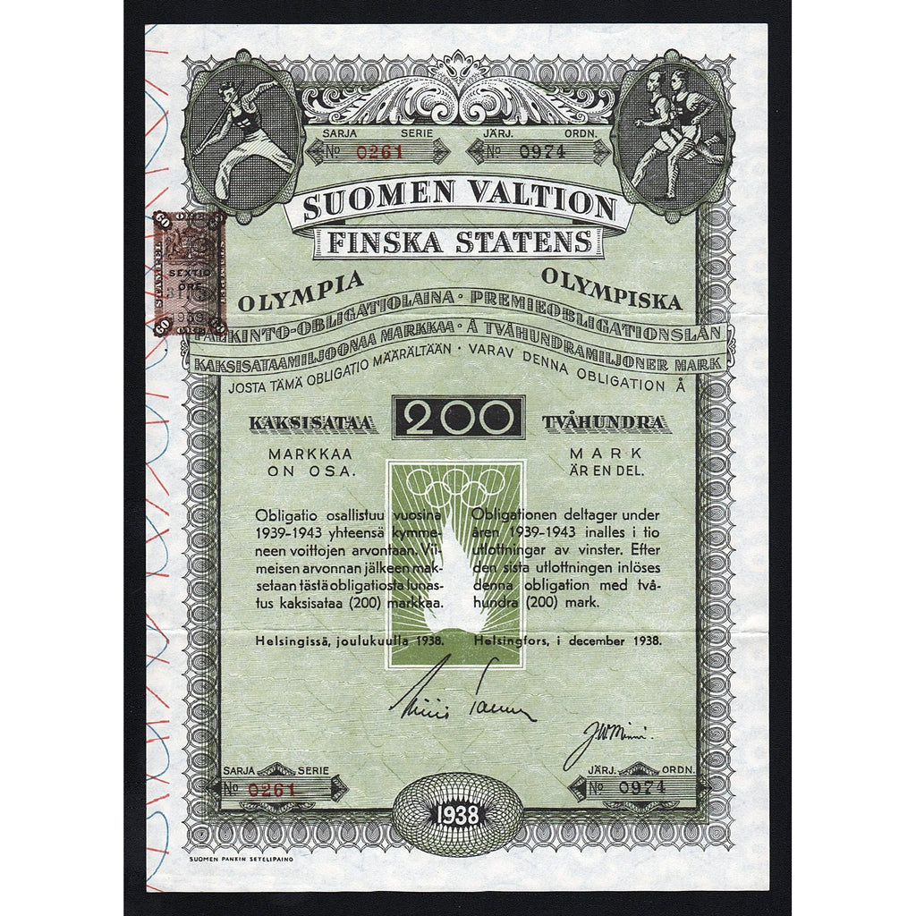 Suomen Valtion Finska Statens Olympia/Olympiska 1938 Stock Bond Certificate