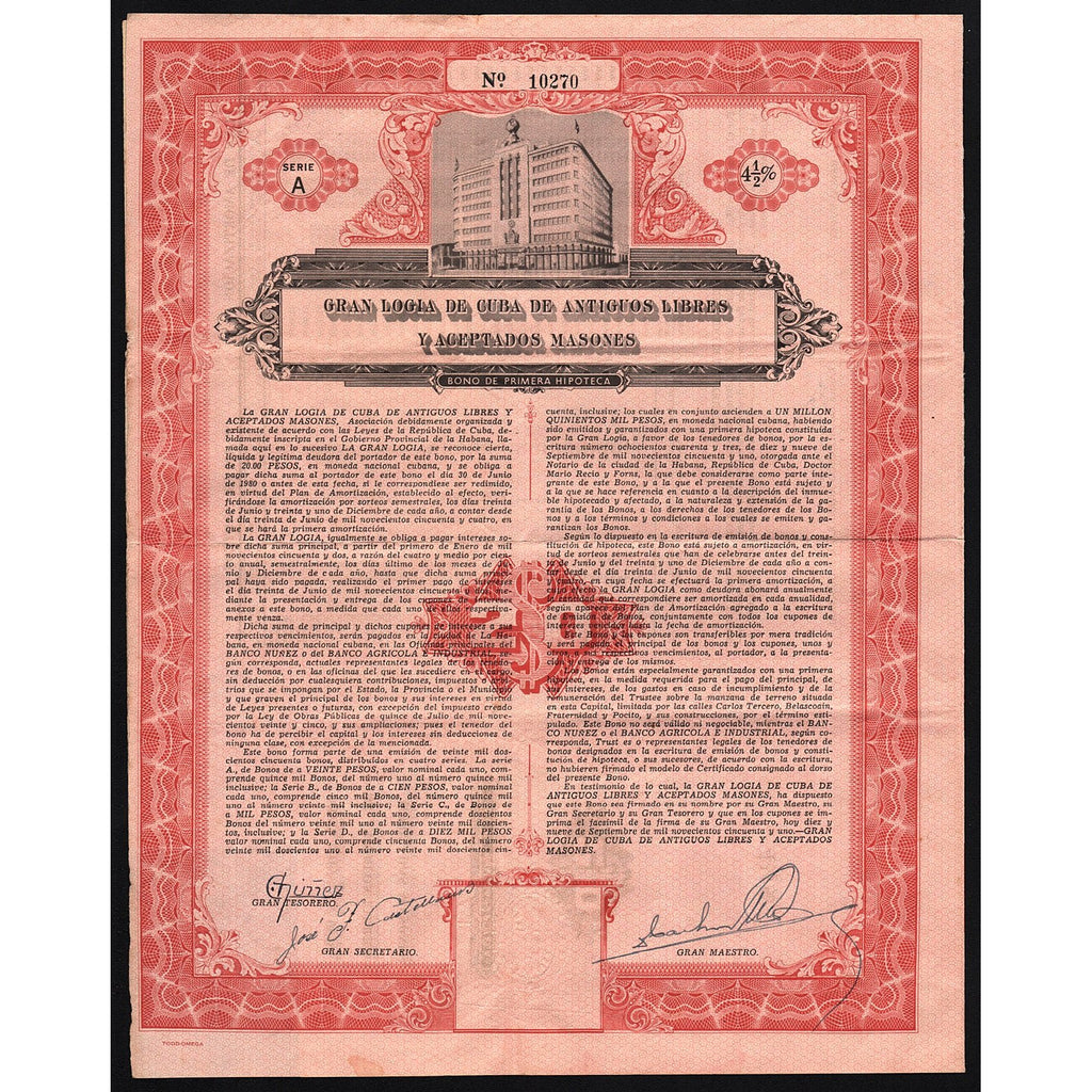 Gran Logia de Cuba de Antiguos Libres y Aceptados Masones 1952 Stock Bond Certificate