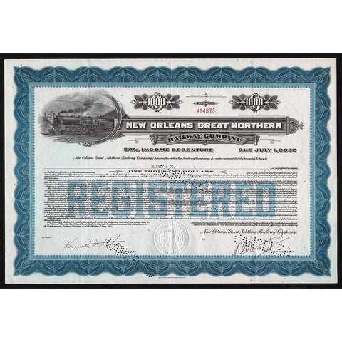 New Orleans Great Northern Railway Company 1933 Bond Certificate