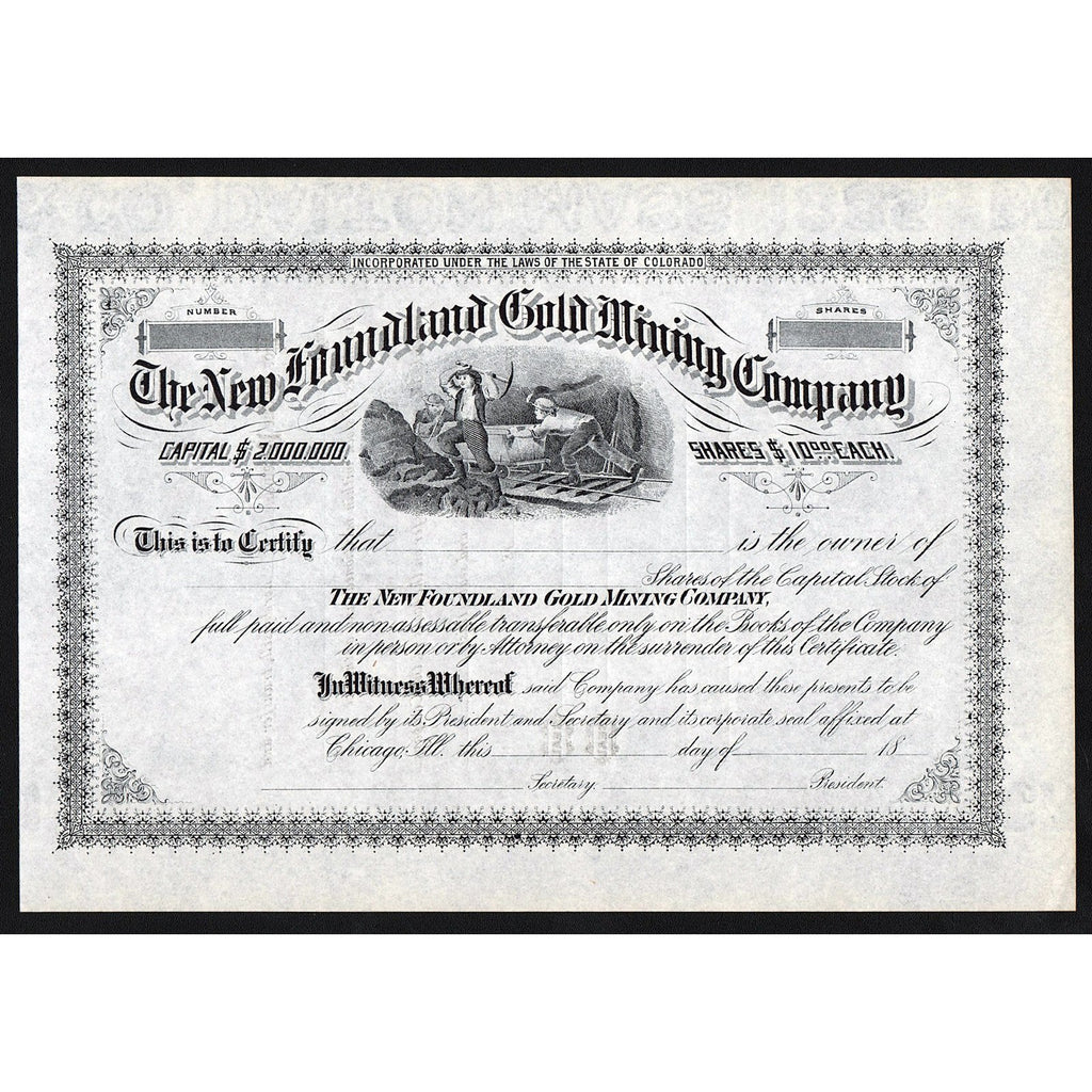 The New Foundland Gold Mining Company Colorado Stock Certificate