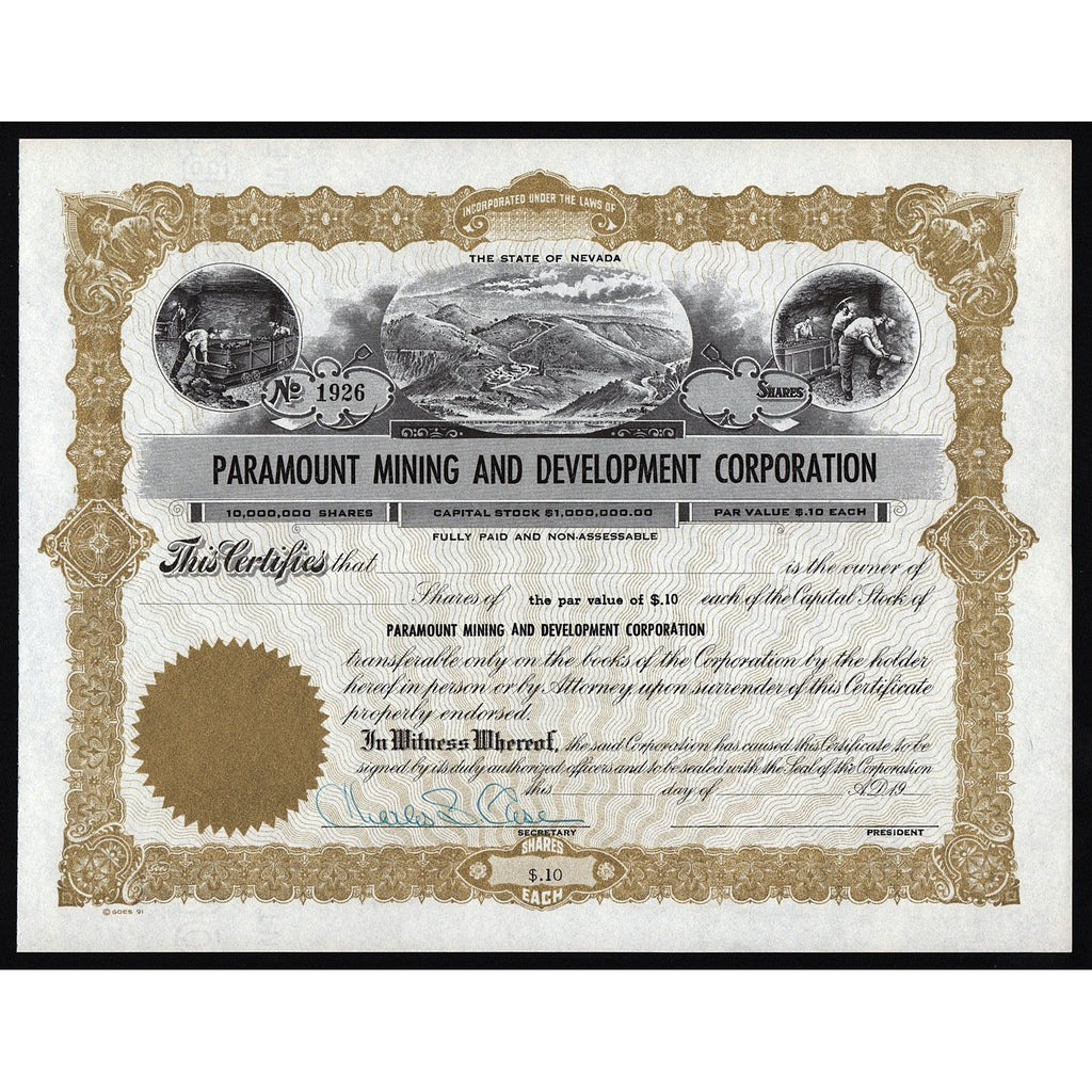 Paramount Mining and Development Corporation Nevada Stock Certificate