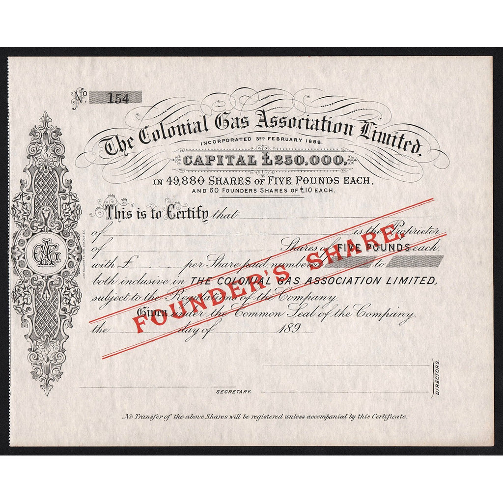 The Colonial Gas Association Limited Australia 1888 Stock Certificate