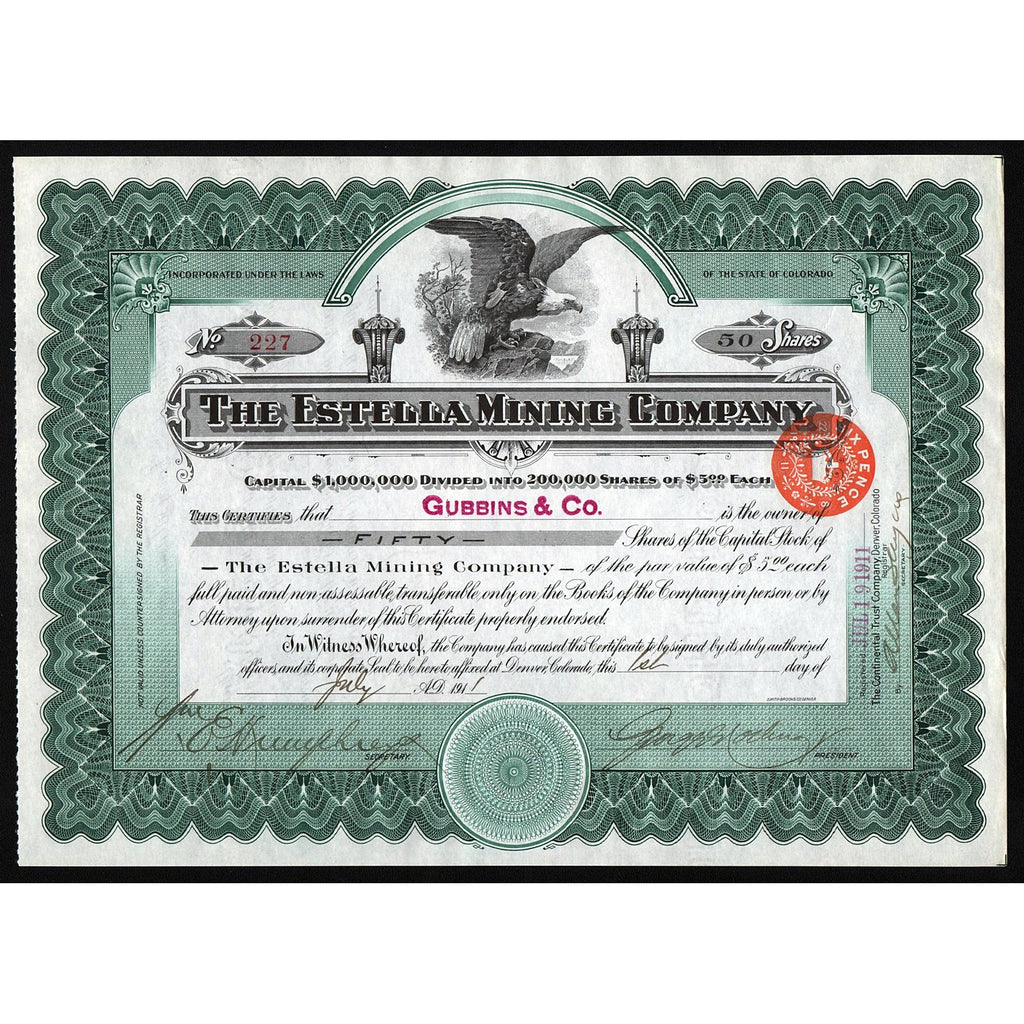 The Estella Mining Company Colorado Stock Certificate