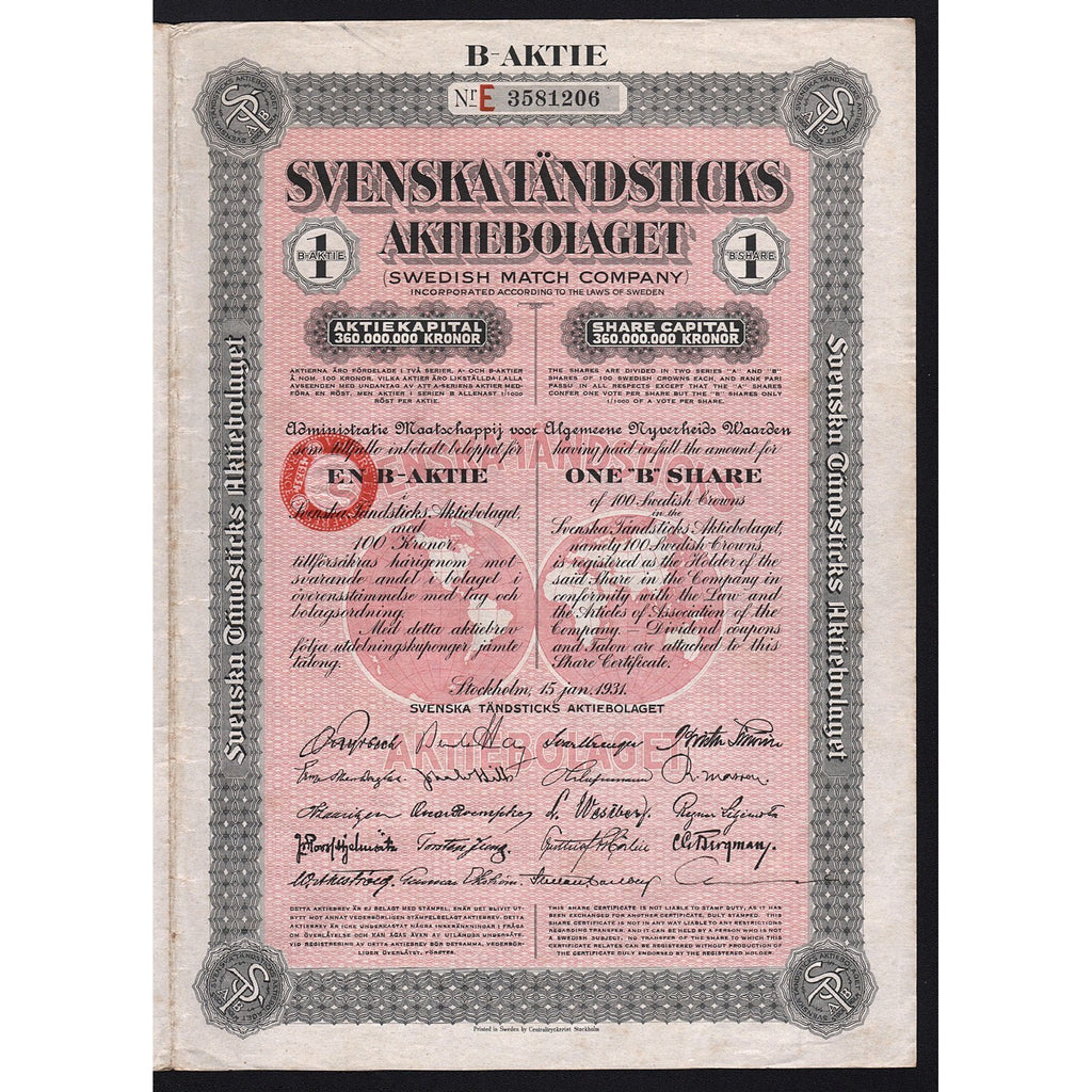 Svenska Tändsticks Aktiebolaget (Swedish Match Company) 1931 Stockholm Sweden Stock Certificate